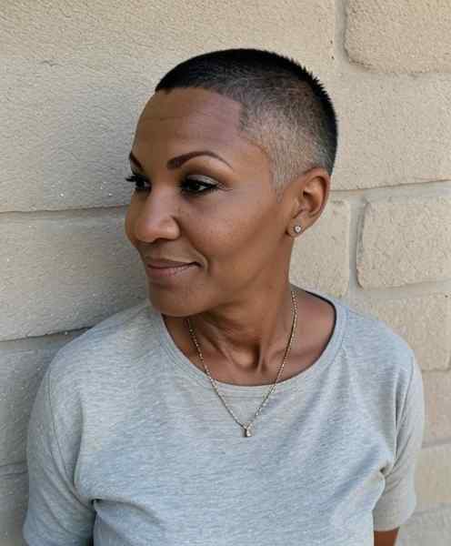 Gray buzz cut on black woman over 60.