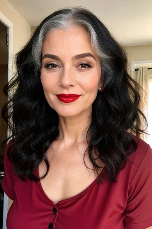 Romantic curls with deep side part on beautiful woman over 60 wearing red lipstick