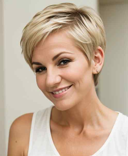 Short blonde wavy pixie hairstyle on smiling woman over 60