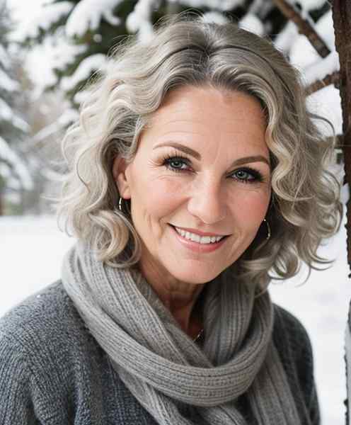 Short gray snowy curls on smiling woman over 60