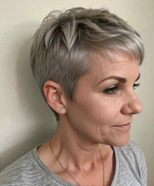 Short spiky gray pixie cut on older woman