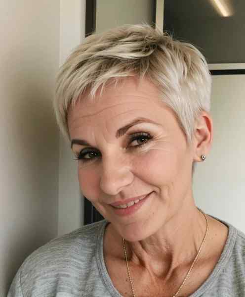 Short textured spiky pixie cut on smiling woman over 60