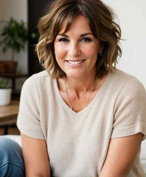 Short tousled bob on older smiling woman with brown hair