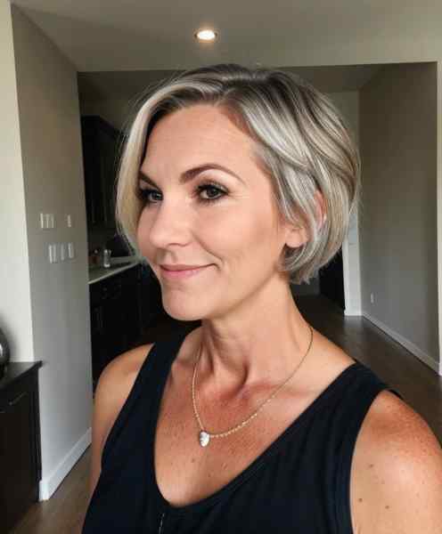 Short wispy layered bob on woman with gray hair