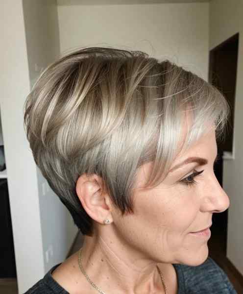 Side-parted silver bob on woman over 60