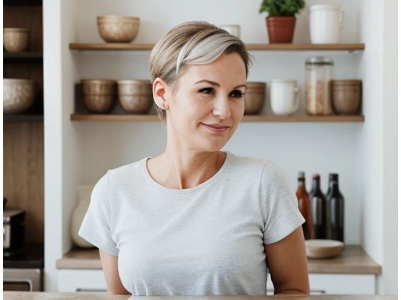 Silver pixie on woman over 50 years old