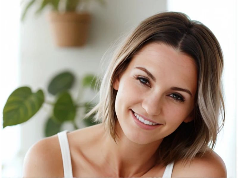 Silver shoulder-length hairstyle on over 50 smiling woman