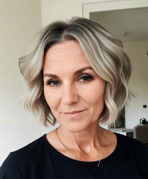 Silver wavy bob haircut on stylish older woman