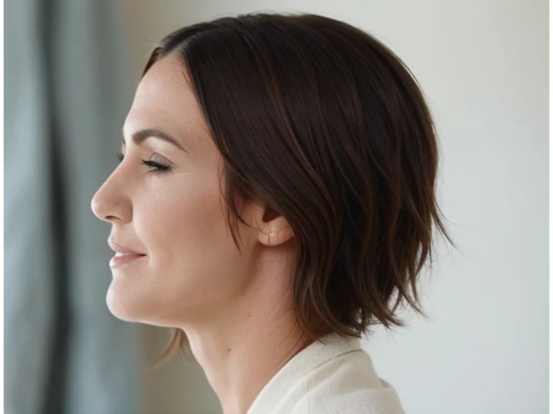 Sleek brown bob, side view, on older woman