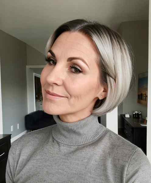 Sleek chin-length gray bob on woman over 60