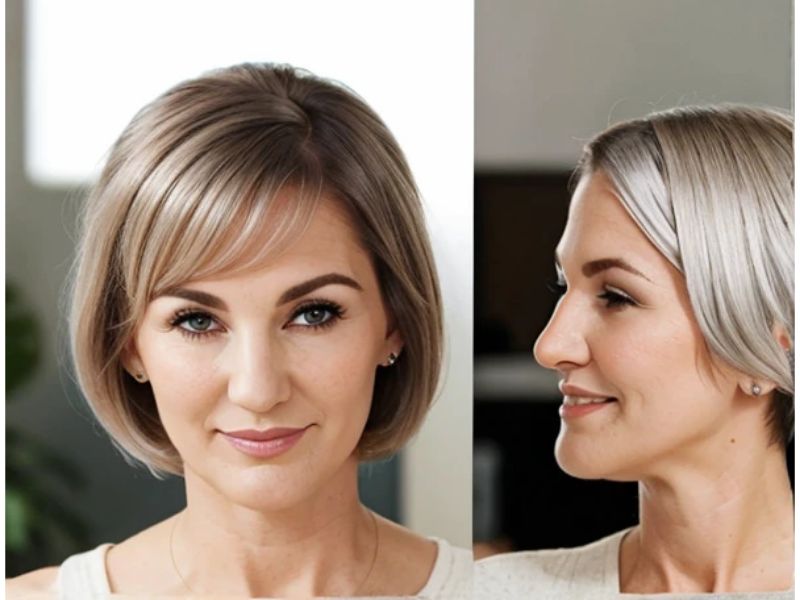 Sleek silver bob hairstyle on older woman