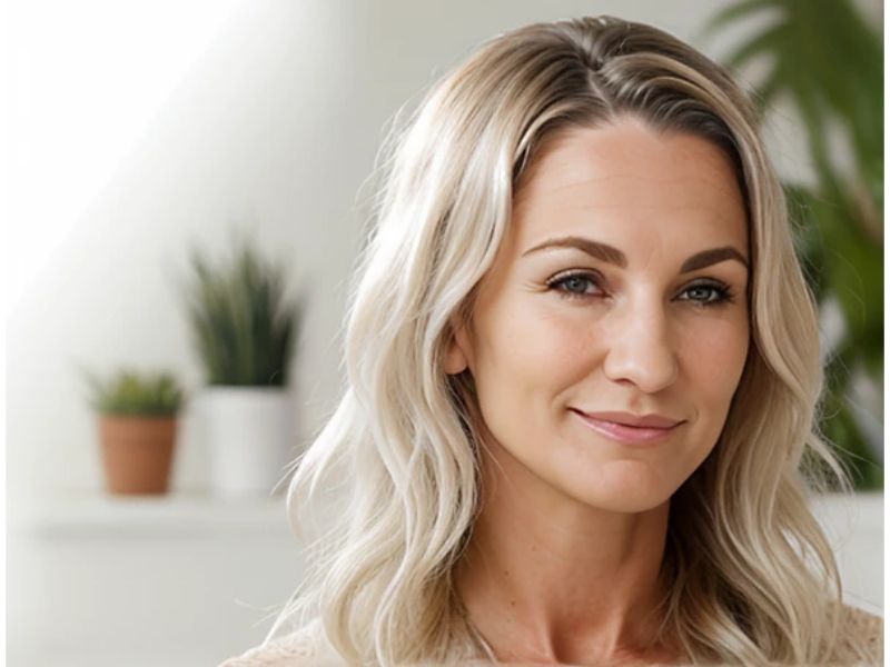 Sleek silver bob hairstyle on older woman.