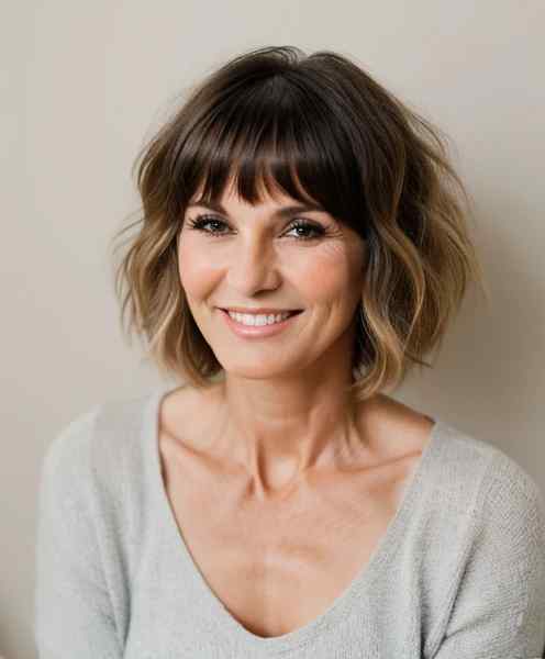 Soft fringe haircut with bangs on smiling woman over 60