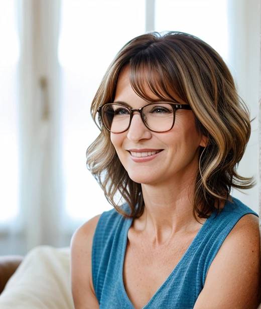 Sophisticated woman over 60 with glasses, featuring a tousled wavy layered bob, providing a relaxed and youthful look.