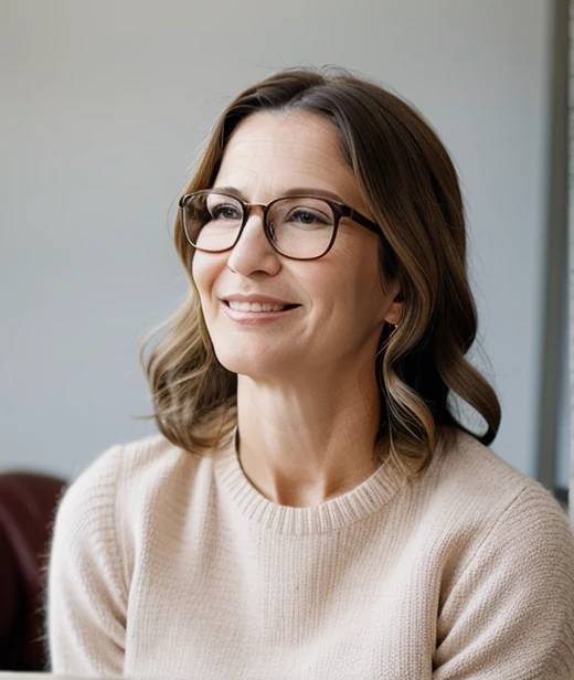 Sophisticated woman over 60 with glasses, featuring natural long curls, embracing her natural texture with elegance and grace.