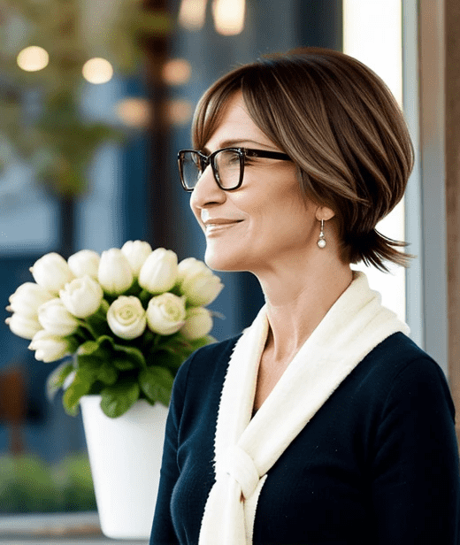 Sophisticated woman over 60 with glasses, wearing a chic chin-length feathered bob hairstyle, enhancing her features with soft, feathered layers.