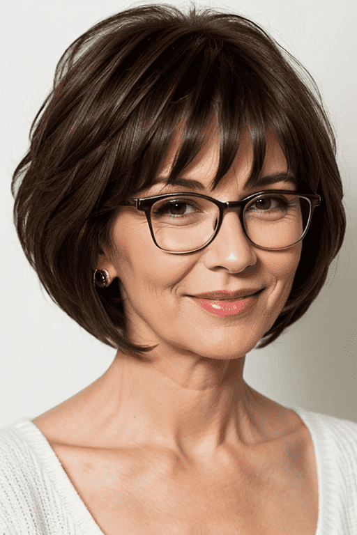 Stylish woman over 60 with glasses, featuring a trendy shag haircut with bangs, adding texture and volume for a youthful appearance