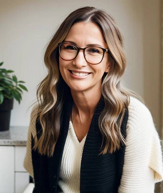 Stylish woman over 60 with glasses, flaunting softly layered waves with balayage highlights, enhancing her look with depth and dimension.