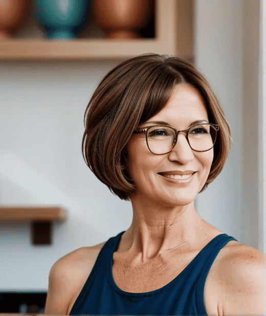 Stylish woman over 60 with glasses, showcasing a chic auburn bob haircut, adding warmth and vibrance to her look.