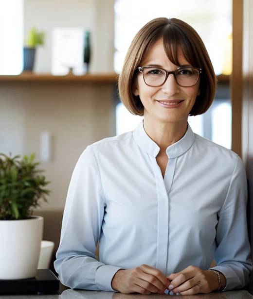 Stylish woman over 60 with glasses, sporting a sleek modern bob, combining sophistication and contemporary flair