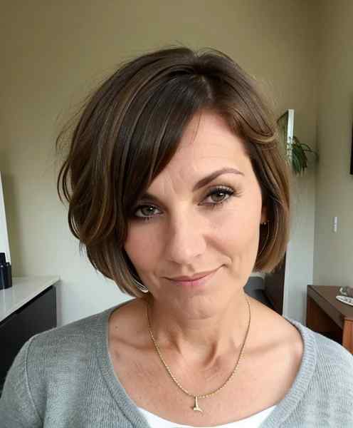 Super short French bob haircut on older woman with brown hair