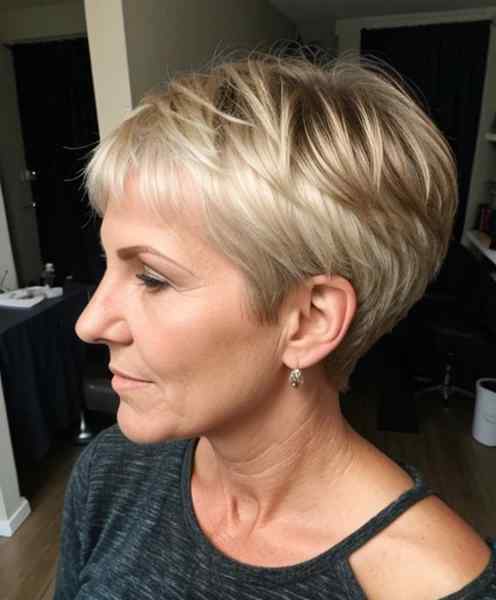 Textured short shag cut on woman over 60