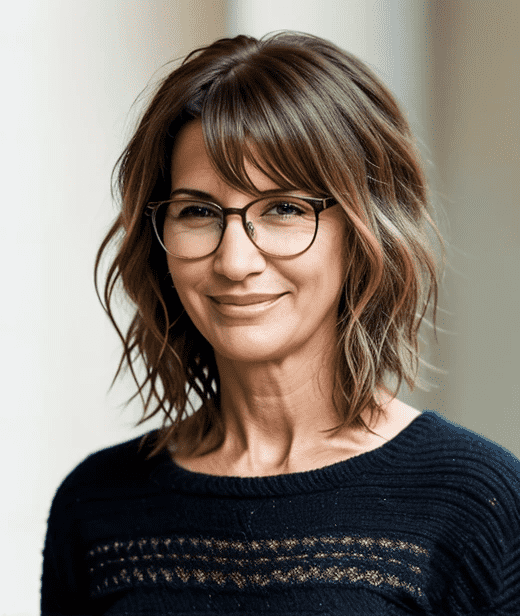 Trendy woman over 60 with glasses, featuring a shaggy bob with layered waves, providing texture and a youthful vibe.