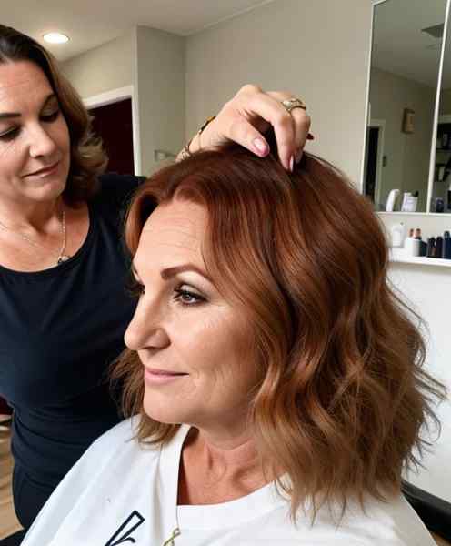 Voluminous auburn waves on woman in hair salon over 60 years old