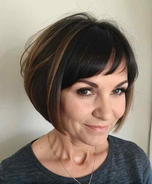 Short rounded bob hairstyle on woman over 60.