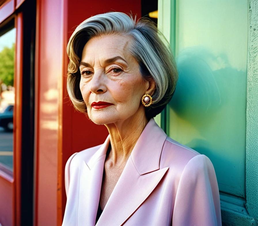 Elegant older woman with a classic bob haircut featuring side-swept bangs, showcasing timeless sophistication