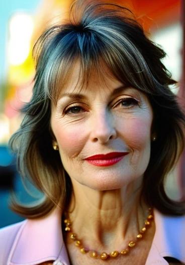 Graceful woman in her 50s with long layers and soft, wispy bangs that blend seamlessly into her hairstyle.