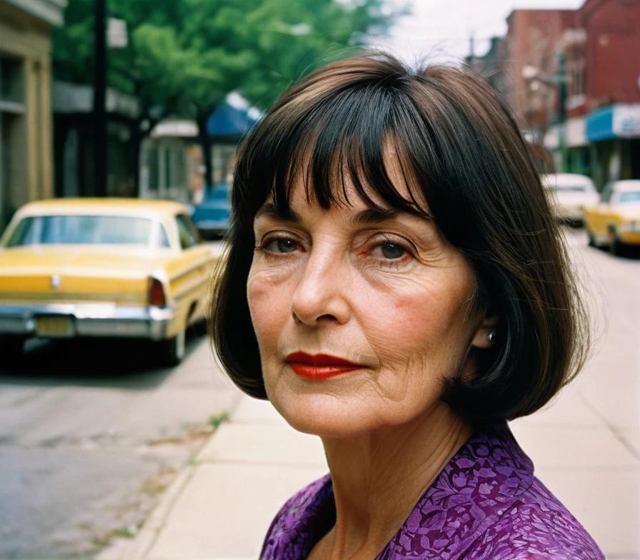 Mature woman with a chin-length bob and fringe bangs, exuding elegance and simplicity.