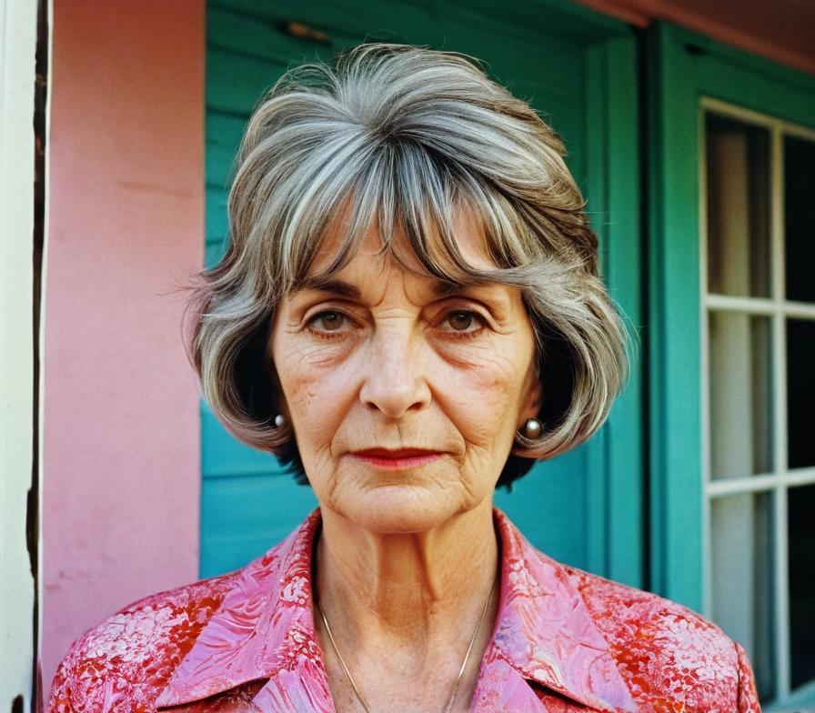 Older woman with a short shag haircut paired with curtain bangs, adding texture and modern flair.