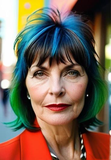 Edgy woman over 50 sporting a modern shag haircut with fringe bangs, adding a rock-and-roll touch to her style.