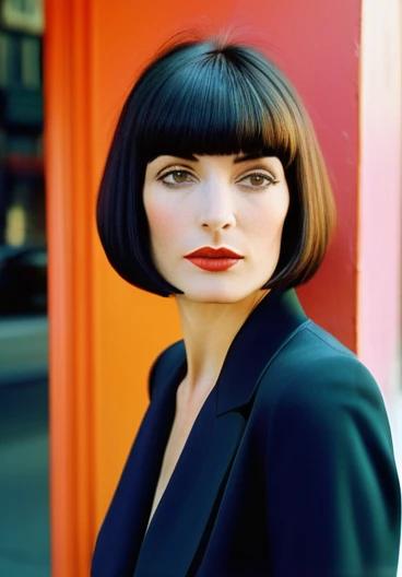 Elegant woman with a blunt cut bob and straight bangs, offering a sleek and polished look.