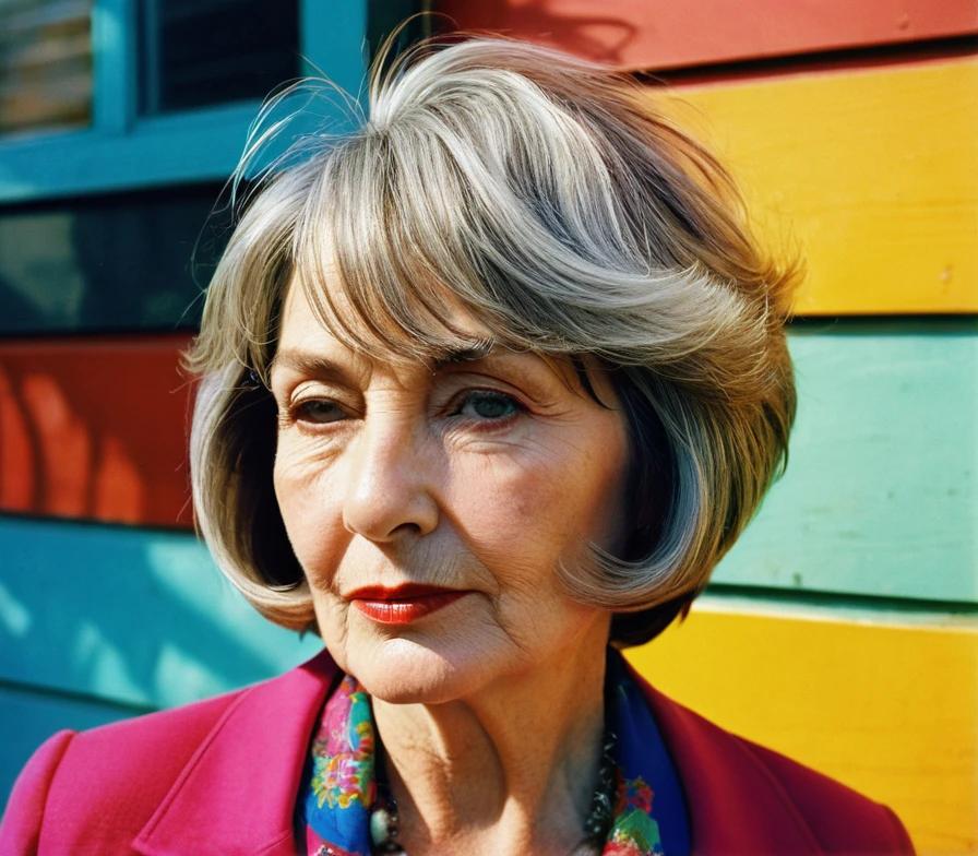 Mature woman with a stacked bob haircut and feathered bangs, offering volume and a polished finish.