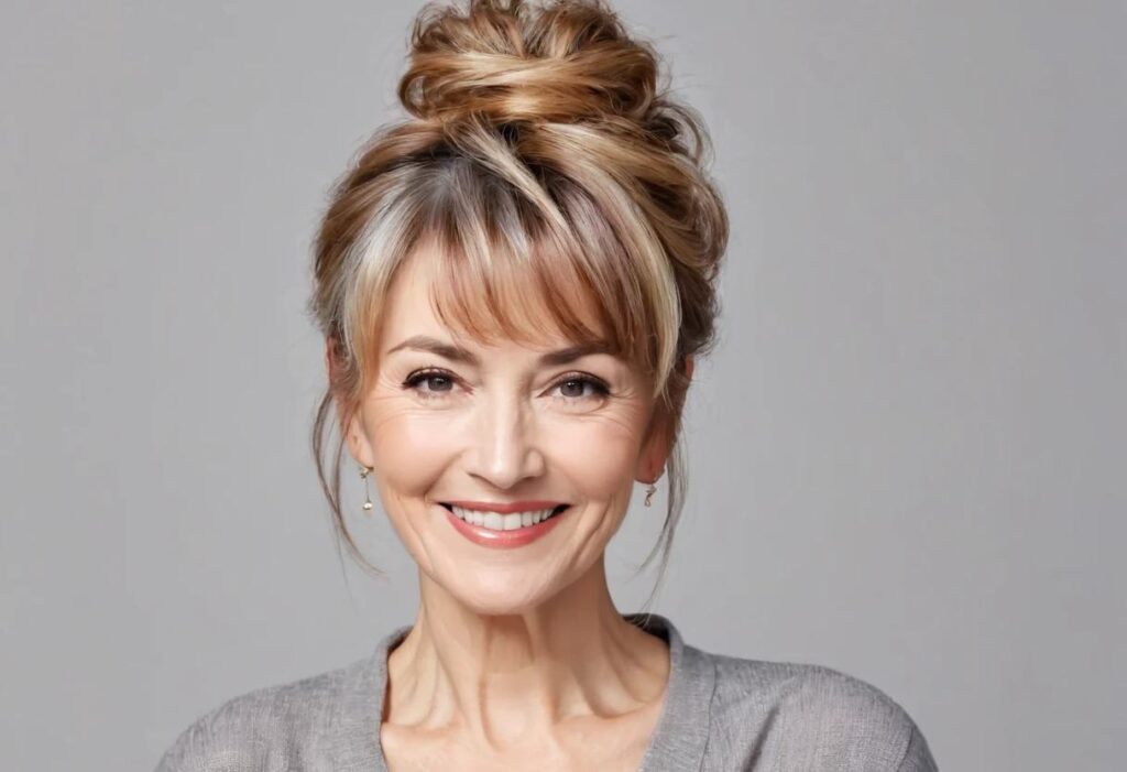 A woman over 50 with a messy top knot and bangs, creating a stylish and youthful updo for medium-length hair.