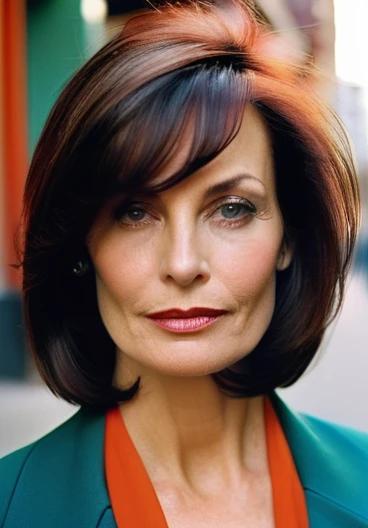 Mature woman wearing a long bob with swoop bangs, offering a chic and modern style that flatters her face.