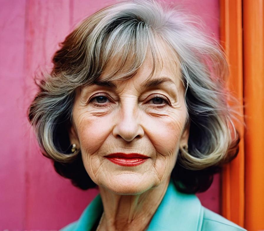 Stylish older woman with a voluminous lob and soft bangs, adding fullness and softness to her look.