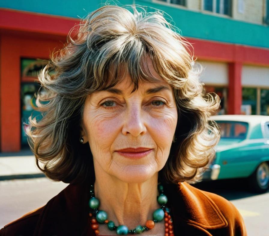 Mature woman with a wavy shag haircut and fringe bangs, offering a relaxed and textured style.