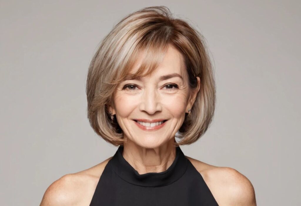 A woman over 50 with an asymmetrical lob, showcasing a trendy, uneven bob with medium-length hair.