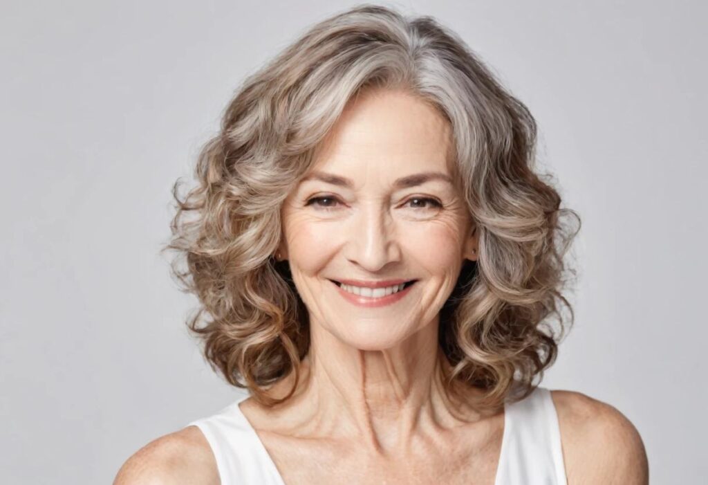 A woman over 50 with loose curls, giving her shoulder-length hair a soft, relaxed style.