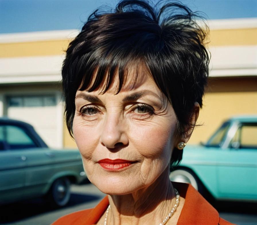 Older woman with a textured pixie cut and choppy bangs, adding depth and modernity to her appearance.