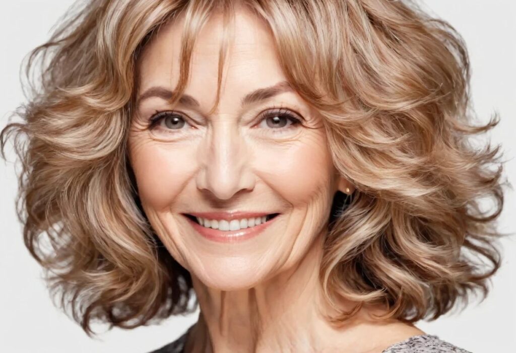 A woman over 50 with voluminous layered waves, adding body and movement to her medium-length hair.