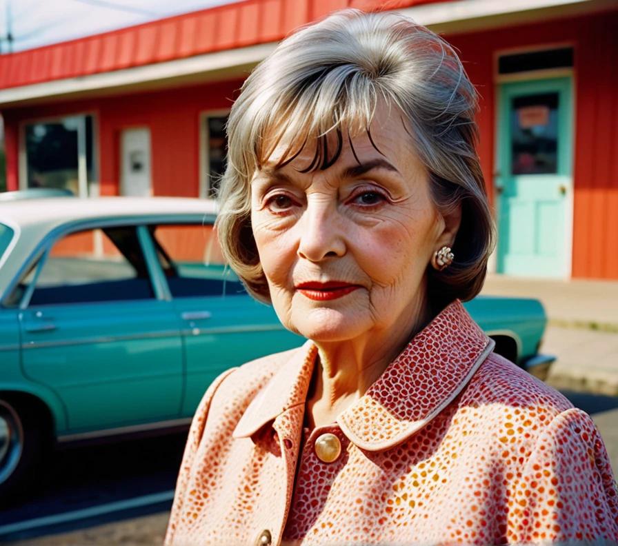 Stylish senior woman with a short crop and wispy bangs, showcasing modern charm.