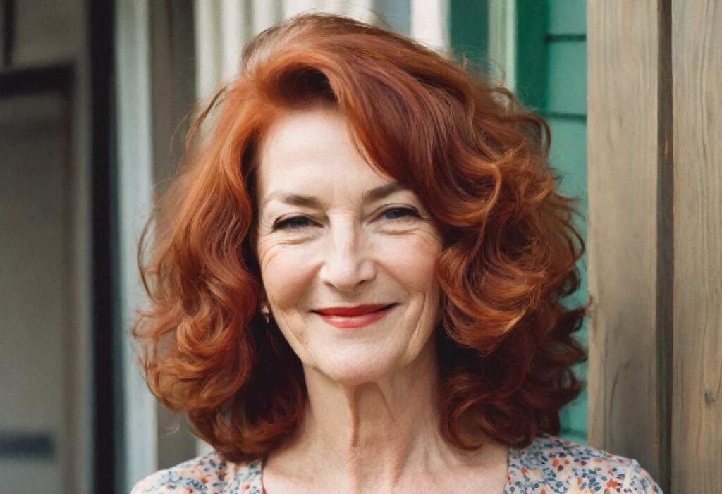 A woman over 50 with voluminous auburn curls, showcasing rich, vibrant color in her medium-length hair.