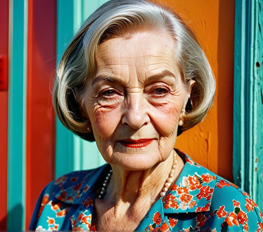 Confident elderly woman with a straight bob and side part, embracing classic style.