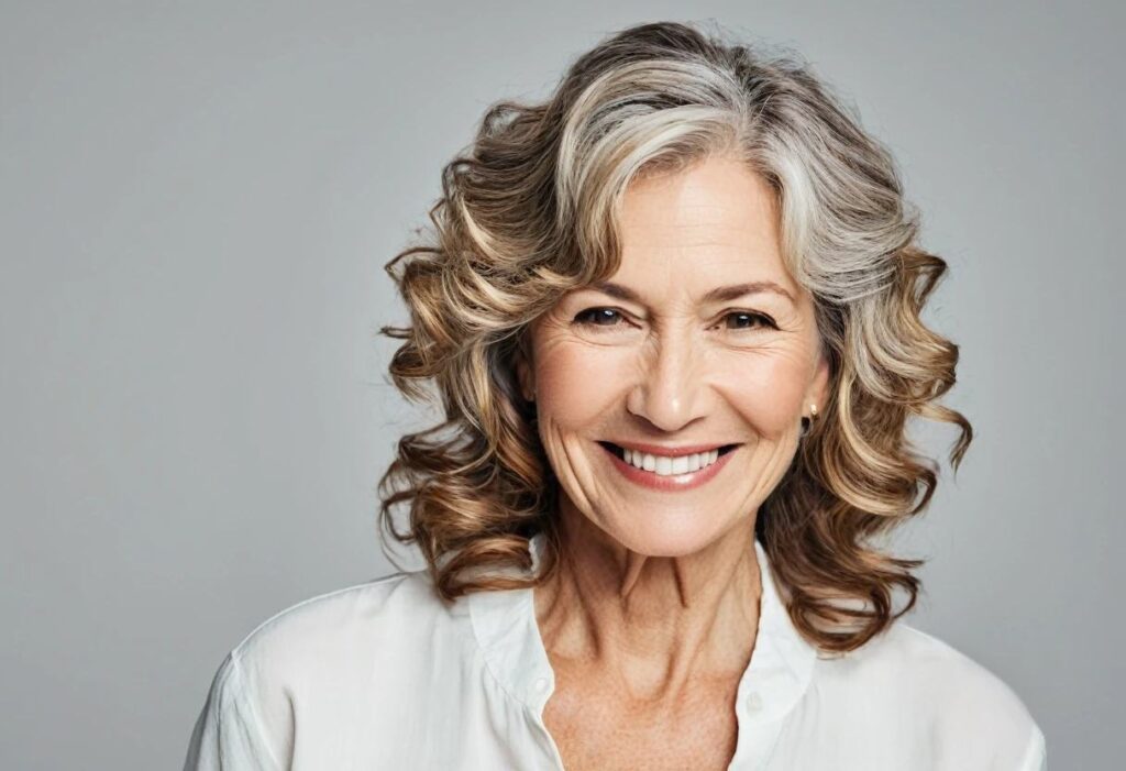 A woman over 50 with a half-up half-down style featuring curls, blending casual and elegant elements in her medium-length hair.