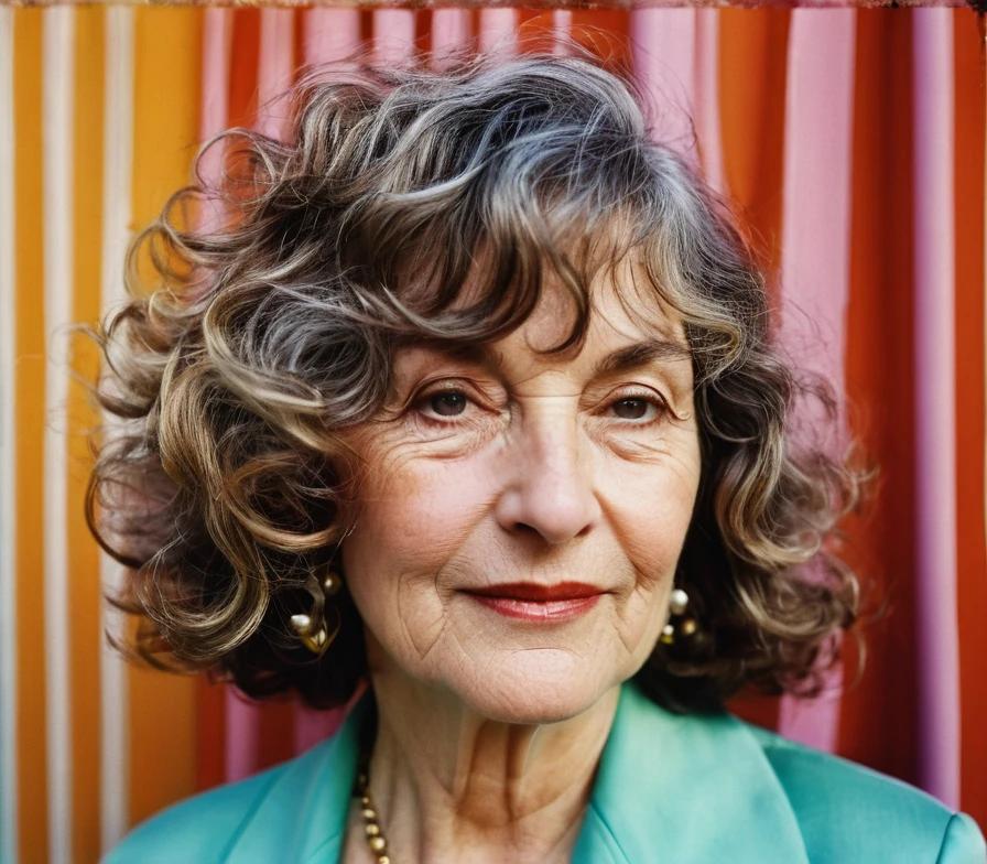 Mature woman with a curly lob and curtain bangs, adding bounce and softness to her hairstyle.