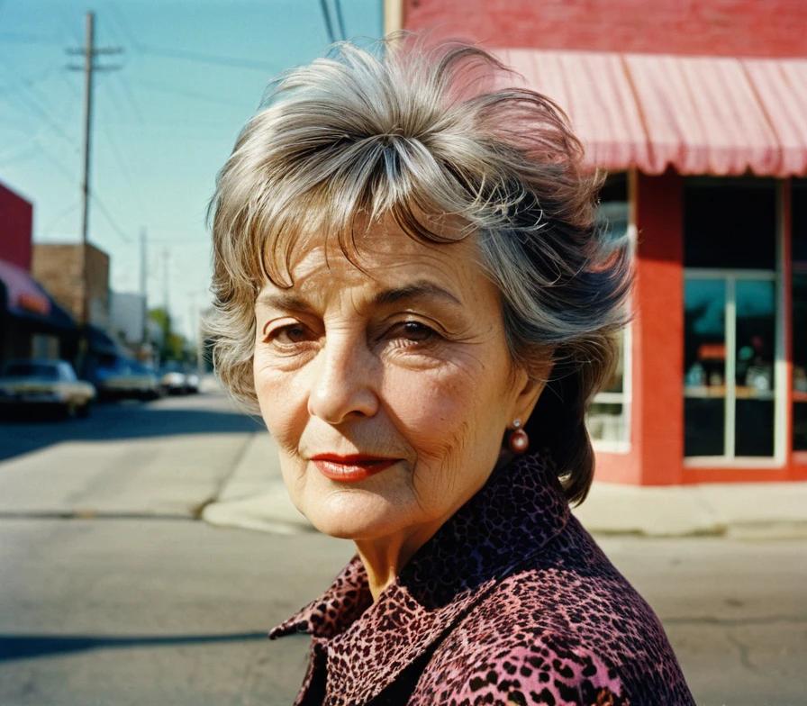 Older woman with a short, layered cut and feathered bangs, providing texture and elegance.